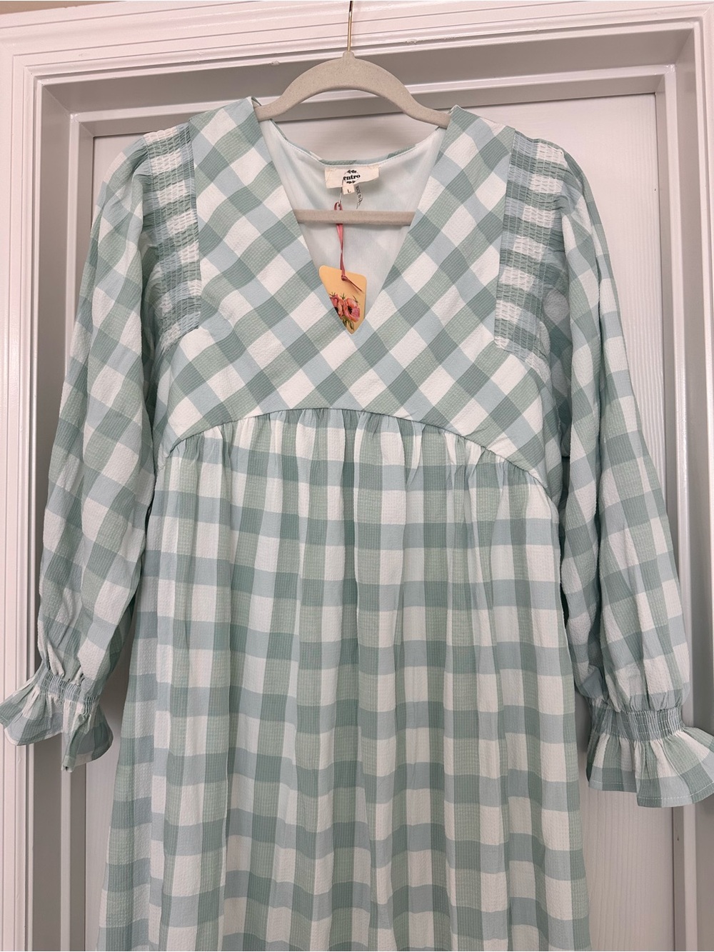 Entro Mint Gingham Midi Dress with Puff Sleeves - Picture 2 of 5